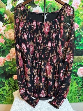 Black Floral Smocked Long-Sleeve Blouse with Pink Accents